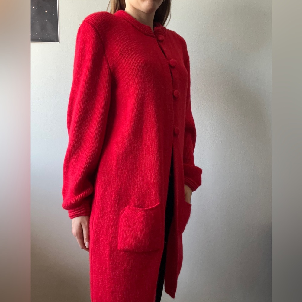 Wool Button-Front Red Knit Long Cardigan with pockets